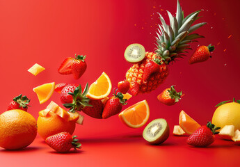Fruit explosion on a red background, with flying fruits like strawberries and pineapples in the air, alongside oranges, pears, apples, and kiwi