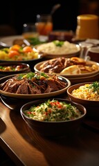 Obraz premium Arabic traditional food bowls Kabsa with meat 