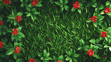 Fototapeta premium Green grass with red flowers and green leaves in the background. with a blank space in the centre, illustration.