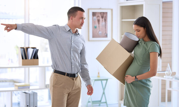 Boss, man and dismissal pregnant woman in office with box, sad and discrimination with inequality in workplace. Business people, manager and fire employee for pregnancy with point at creative startup