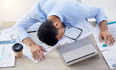 Business man, tired and sleeping at desk in office with burnout risk, overworked or nap for low...