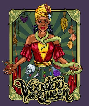 Voodoo queen, ritual voodoo doll and magic ball. cartoon illustration of a voodoo witch,Boho style for icon, logotype, avatar, tattoo, poster, print design,