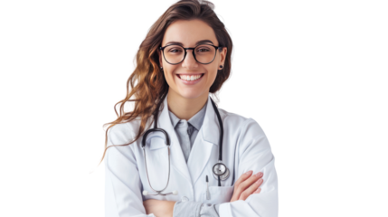 Happy female dentist or beautiful female doctor isolated on transparent and white background.PNG image.