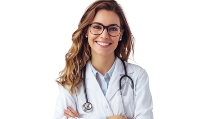 Happy female dentist or beautiful female doctor isolated on transparent and white background.PNG image.