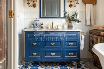 A bathroom with a white-blue vanity, granite countertop, pattern floor, and gold fixtures/mirror.