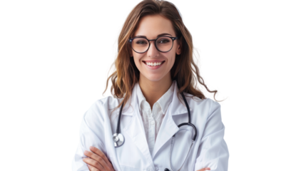 Happy female dentist or beautiful female doctor isolated on transparent and white background.PNG image.