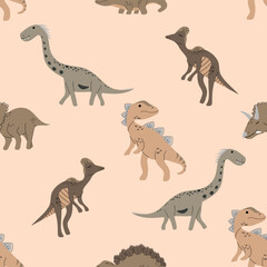 Boho childish seamless pattern. Baby fabric pattern design with dino cartoon drawing as vector