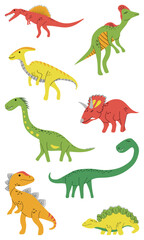 Dinosaurs vector set in cartoon scandinavian style. Various dinosaur characters. Funny prehistoric animals in simple hand drawn style