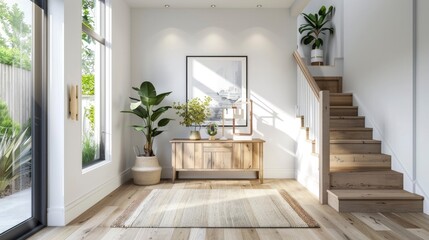 Modern entryway with wooden stairs and a light wood console table, a large window, white walls, natural lighting, plants, a modern art frame hanging above the cabinet.