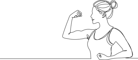 continuous single line drawing of woman flexing arm muscles, line art vector illustration