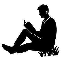 a man reading book sitting on the field ground grass vector silhouette
