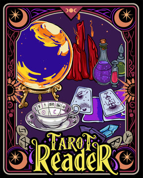 Tarot banners with gypsy fortune teller, ritual cards and magic ball. Vector posters of future predict, cartomancy with cartoon illustration of soothsayer and crystal sphere on table, Tarot divination