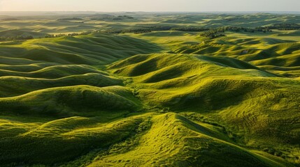 Aerial view of the Nebraska Sandhills, USA, showcasing rolling hills of sand covered with grass, a unique ecological regi