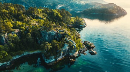 Aerial view of the High Coast in Sweden, known for its dramatic landscapes shaped by post-glacial rebound, featuring high