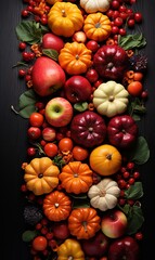 Autumn food double border with pumpkins, apples, squash and a variety of vegetables. Overhead view on a dark stone banner background
