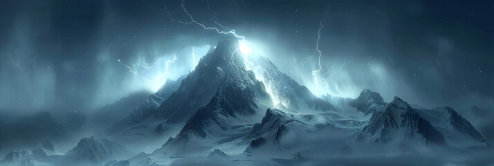Captivating Photo Realistic Scene of Lightning Striking Mountain Peak Highlighting the Raw Power and Beauty of Nature   Stock Image Concept