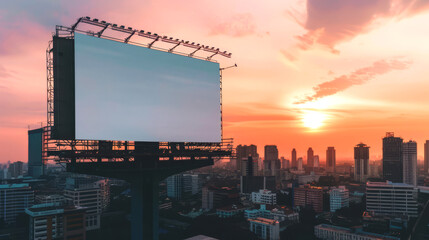 Isolated blank billboard on top of a building, skyline of a modern city in the background during sunset,