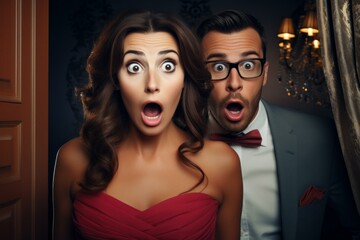 Well-dressed man and woman showing exaggerated surprise and astonishment in a luxurious interior