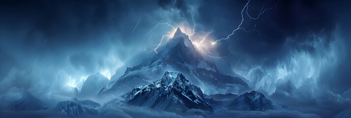Powerful Photo Realistic Image of Lightning Striking Mountain Peak Capturing Nature s Raw Beauty and Force   Stunning Photo Stock Concept