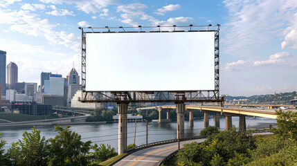 Large blank billboard on a busy bridge crossing, river and cityscape below, high visibility advertising,