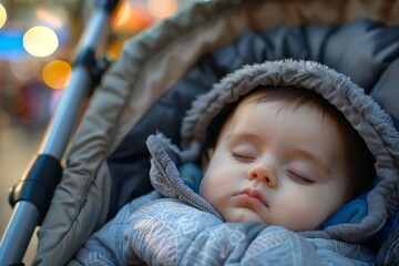 adorable baby boy sleeping peacefully in a pram at an outdoor market candid closeup shot digital photography