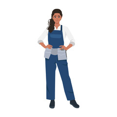 Young indian woman builder engineer with hands on the hips. Flat vector illustration isolated on white background
