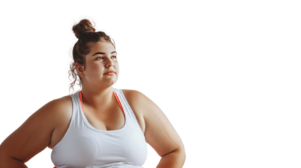 Chubby girl in sports clothes isolated on transparent and white background.PNG image.