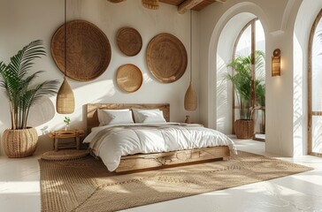 Sunny minimalist bedroom with bohemian decor and natural light
