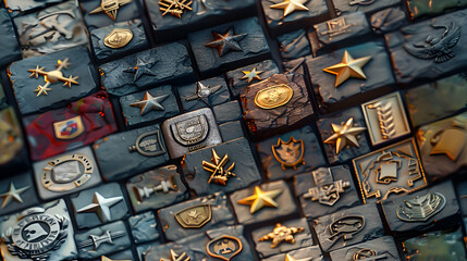 Honoring Military Service: Photorealistic Military Honor Tiles Featuring Medals and Insignias   Photo Stock Concept