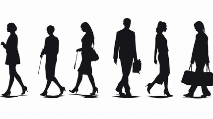 Vector clip art illustration featuring a diverse set of silhouettes depicting people in various walking poses. The collection showcases different styles and movements, perfect for modern graphic