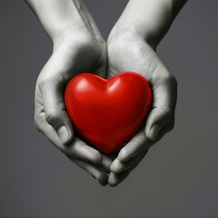 Obraz premium The photo shows a pair of hands holding a red heart