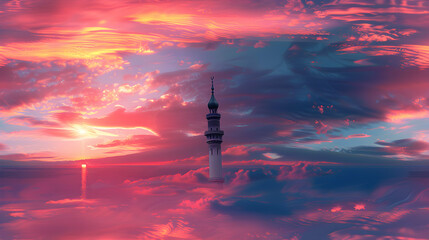 Photo realistic Minaret Silhouette Tiles concept   Elegant silhouette of a minaret against a dusk sky, reflecting the spiritual essence of Eid   Stock Photo Concept