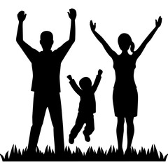 a father, mother, and child walking on the grass, enjoying a happy family moment