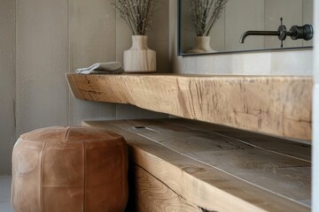 A close-up of the wood vanity and leather pouf in a minimalist bathroom