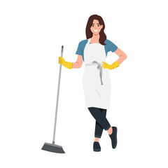 Young woman sweep the floor using broom. Flat vector illustration isolated on white background