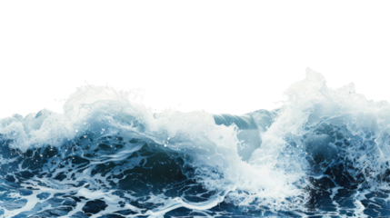 Blue sea wave with white foam isolated on transparent and white background.PNG image.