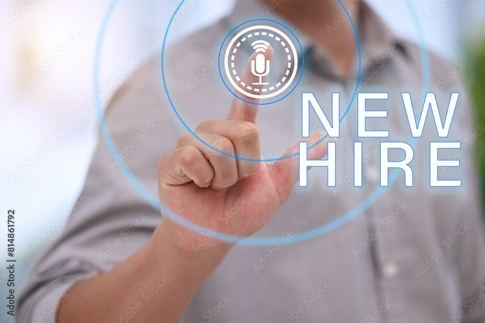 Poster new hire, button and businessman for virtual employee, click and digital for recruitment process. fi
