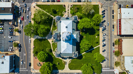 Aerial Top Down View of Historic Courthouse and Park in Warsaw, Indiana