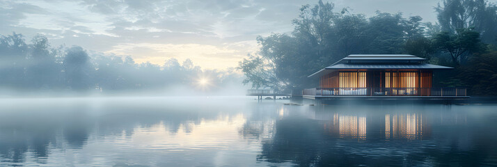 Misty Morning at Lakeside Pavilion: A Magical Setting for Reflections and Gatherings