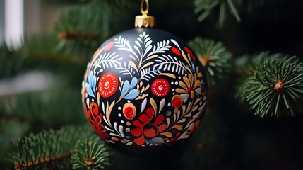 A beautiful hand-painted Christmas ornament hangs on a fir tree branch