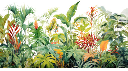 watercolor painting of a lush tropical rainforest scene, featuring a variety of Asian tropical leaves isolated on transparent and white background.PNG image. © CStock