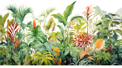 watercolor painting of a lush tropical rainforest scene, featuring a variety of Asian tropical leaves isolated on transparent and white background.PNG image.