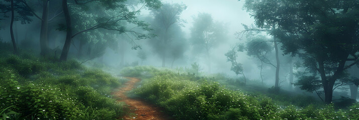 Misty Morning Forest Path: A Serene Journey Through a Peaceful Woods Covered in Mist, Ideal for Reflective Walks and Tranquil Mornings   Realistic Photo Stock Concept