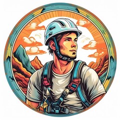 Illustration sticker image of a male hiker against a circular background