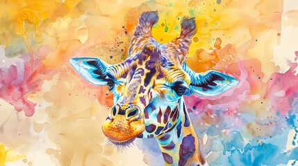 Hand-drawn watercolor of a giraffe with a playful expression, its long neck stretching into a vibrant savannah sky