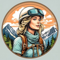 Female hiker illustration sticker image from a circular background