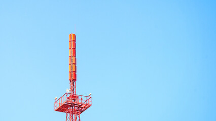Communication tower close-up. 5G Telecommunications Base Station Tower. Mobile communication tower...