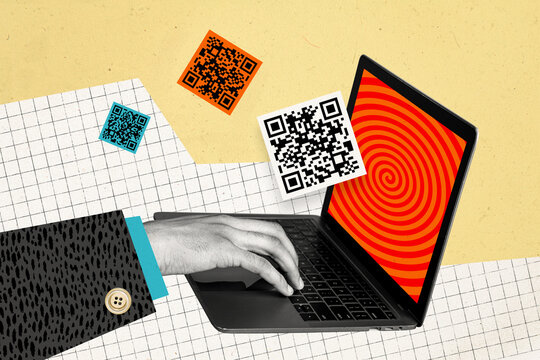 Composite photo collage of hands type macbook device spiral hypnosis wallpaper dependence concept propaganda isolated on painted background