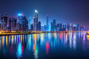 Fototapeta premium A glistening city skyline illuminated against the night sky, with dazzling lights reflecting in the calm waters of an urban river.