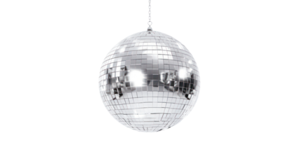 silver disco ball isolated on transparent and white background.PNG image.